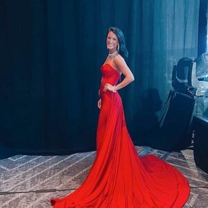 Red strapless gown